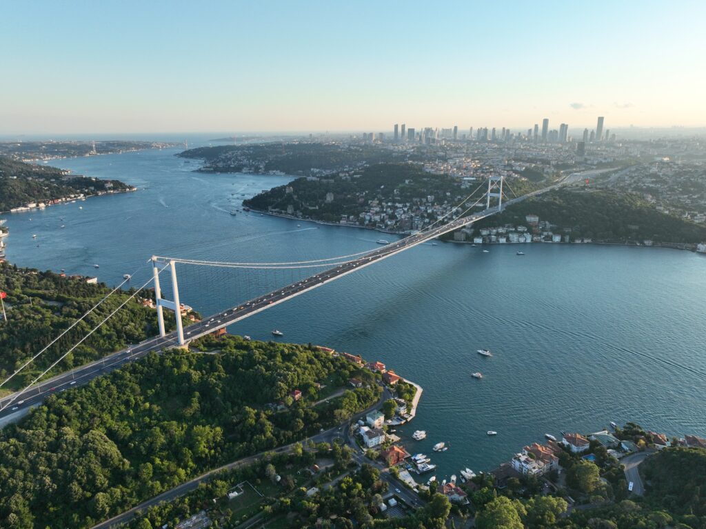 Aerial,View,Of,Istanbul,Bosphorus,And,Bridge.,Istanbul,Sunset,View.
